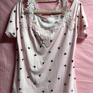 Light Pink Black Hearts Patterned Top with Lace Detail